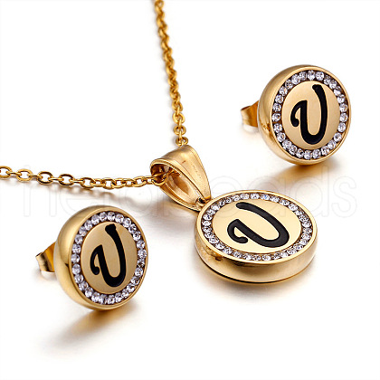 Flat Round with Letter Pattern 304 Stainless Steel Crystal Rhinestone Pendant Necklace & Stud Earring FS-WG33EDD-21-1
