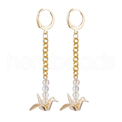 Origami Crane Brass Chain Dangle Earrings with Acrylic Beads EJEW-JE05887-1