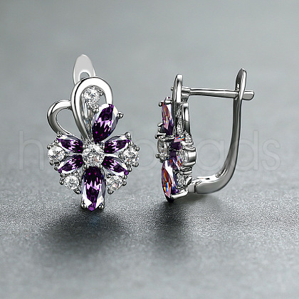 Brass Micro Pave Cubic Zirconia Flower Hoop Earrings WGA76CA-08-1