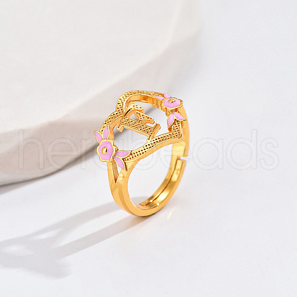 Heart & Flower Brass Pearl Pink Enamel Adjustable Finger Rings FS-WG8B9BA-05-1