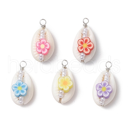 Natural Cowrie Shell & Handmade Polymer Clay Copper Wire Wrapped Pendants PALLOY-JF03818-01-1