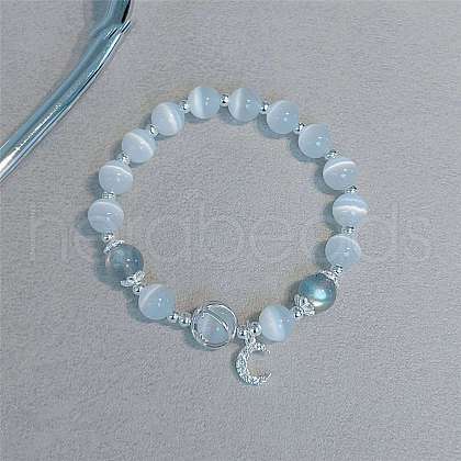 Moon Alloy Cat Eye & Natural Moonstone Round Beaded Charm Bracelets WG18D49-10-1