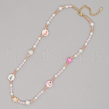 Christmas Theme Glass & Imitation Pearl & Brass Star Beaded Necklaces GF3195-13-1