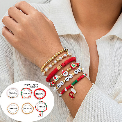 6Pcs 6 Styles Christmas Theme Handmade Polymer Clay Hesihi & CCB Beads Stretch Bracelet & Acrylic Beads Charm Bracelet Set for Women WG289FB-14-1