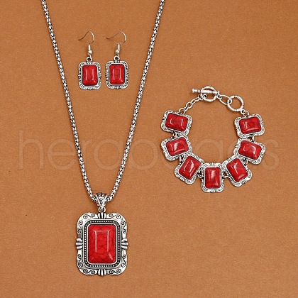 Rectangle Alloy with Synthetic Turquoise Pendant Necklaces & Dangle Earrings & Link Bracelets Sets WGD1135-12-1