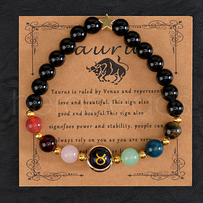 12 Zodiac Sign Natural Black Obsidian Round Beads Stretch Bracelets for Men Women WG228FC-10-1