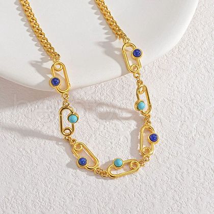 Bohemian 304 Stainless Steel & Dyed Colorful Synthetic Turquois Link Chain Necklaces for Women NJEW-M100-02G-01-1