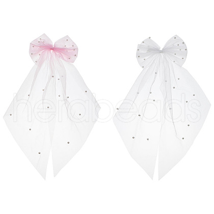 GOMAKERER 2Pcs 2 Colors Bowknot Long Mesh Tulle Bridal Veils with Hair Barrettes & Imitation Pearl OHAR-GO0001-10-1