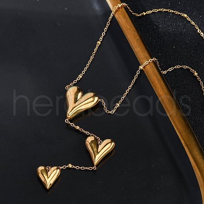 304 Stainless Steel Y-Shaped 3 Heart Pendant Necklaces NJEW-U026-04G-1