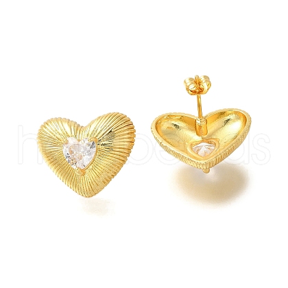 Rack Plating Heart Brass Clear Cubic Zirconia Stud Earrings EJEW-I310-23G-1