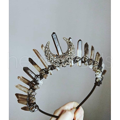 Hollow Moon Metal with Raw Natural Quartz Wrapped Hair Hair Bands PW-WG18A78-01-1
