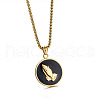 304 Stainless Steel Black Flat Round with Praying Hand Pendant Necklaces for Men FS-WGF55F0-01-1