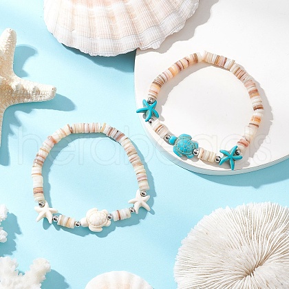 2Pcs Sea Turtles & Starfish Dyed Synthetic Turquoise Beads Stretch Bracelets BJEW-JB11881-1