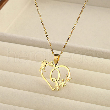201 Stainless Steel Flower Heart Initial Pendant Necklaces for Women FS-WG08285-15-1