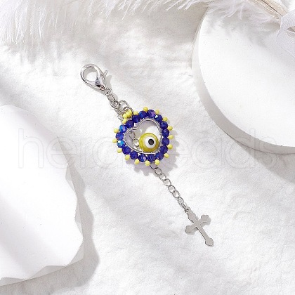 Handmade Evil Eye Lampwork & Glass Seed Beaded Heart Pendant Decorations HJEW-MZ00211-04-1