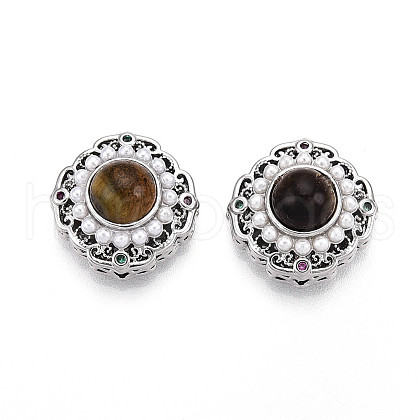 Brass Colorful Cubic Zirconia & Natural Tiger Eye Rhombus Beads KK-N258-13P-1