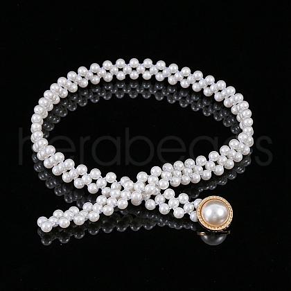 White Acrylic Pearl Beaded Elastic Chain Belts with Alloy Buckles WG1BD5E-01-1