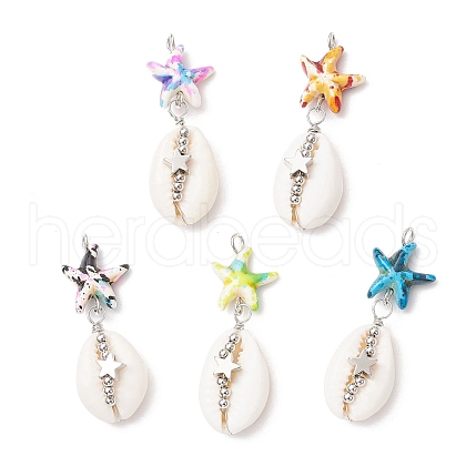 5Pcs 5 Colors Starfish Dyed Synthetic Turquoise & Natural Cowrie Shell Pendants PALLOY-JF03936-1