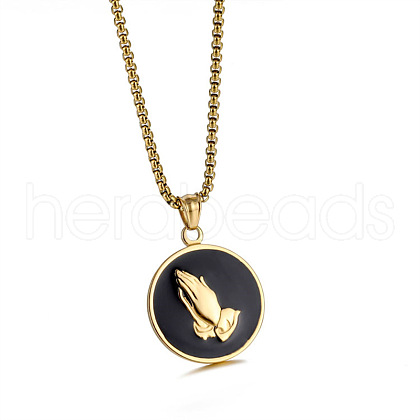 304 Stainless Steel Black Flat Round with Praying Hand Pendant Necklaces for Men FS-WGF55F0-01-1