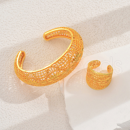 Vintage Alloy Hollow Carved Flower Cuff Bangles & Rings Sets for Women Wedding HJ5004-1