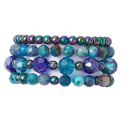 4Pcs Round Natural Chrysocolla & Lapis Lazuli Beads Stretch Rings for Unisex RJEW-JR00750-1