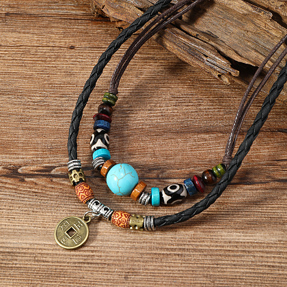 Adjustable Coin Alloy & Synthetic Turquoise & Wood Beaded Pendant Necklaces FS-WG4430E-01-1