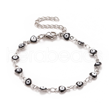 Enamel Heart with Evil Eye Link Chains Bracelet BJEW-P271-06P-04-1