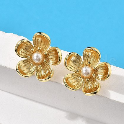 Brass ABS Plastic Imitation Pearl Flower Stud Earrings EJEW-S258-05G-1