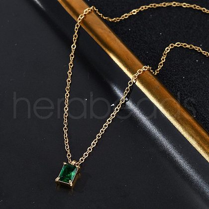 304 Stainless Steel Fern Green Rhinestone Rectangle Pendant Cable Chain Necklaces NJEW-U026-01G-1