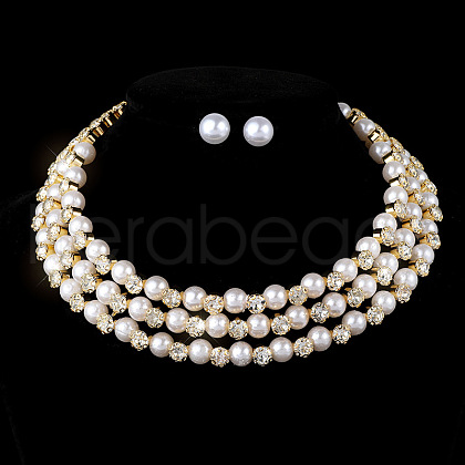 Round Alloy Rhinestone Stud Earrings & Multilayer Chain Necklaces FS-WG65918-06-1