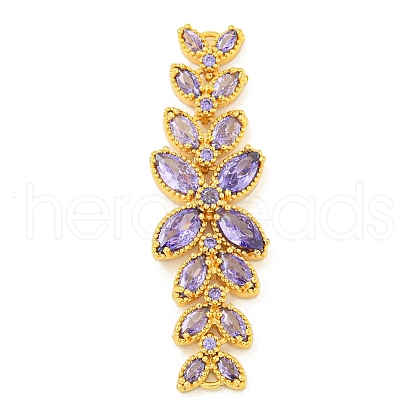 Brass Pave Lilac Cubic Zirconia Flower with Leaf Links Connector Charms KK-P277-52G-03-1