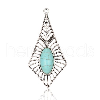Rhombus Antique Silver Plated Alloy Synthetic Turquoise Big Pendants PALLOY-J597-01AS-1