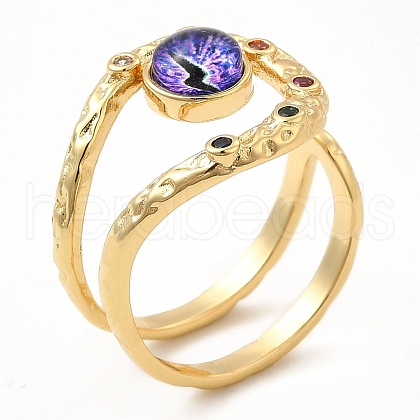 Resin Evil Eye Open Cuff Ring with Cubic Zirconia RJEW-E069-02G-08-1