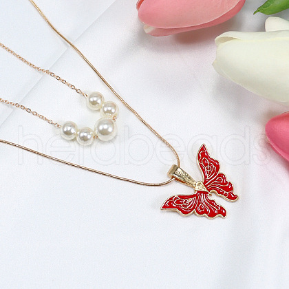 Alloy Enamel & Round Imitation Pearl Double Layered Butterfly Pendant Necklaces for Women WG304A4-06-1