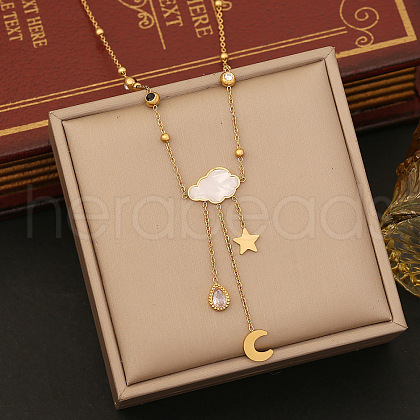 304 Stainless Steel Pave Clear Cubic Zirconia Cloud Moon with Tassel Pendant Necklaces FS-WG87FF9-01-1