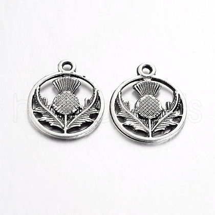 Tibetan Style Alloy Flat Round with Flower Scotland Thistle Pendants TIBEP-24054-AS-FF-1