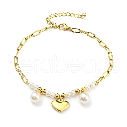 PVD Vacuum Plating 304 Stainless Steel Heart Charm Bracelet BJEW-Z016-06G-1