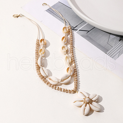Summer Beach Natural Cowrie Shell & Glass Flower Pendant Double Layered Neckalces for Women FS-WGA7A0B-02-1