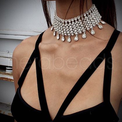 Alloy Full Crystal Rhinestone Teardrop Tassel Choker Necklaces for Women FS-WGE797D-02-1