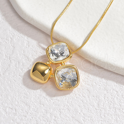 304 Stainless Steel Pave Clear Cubic Zirconia 3 Square Pendant Necklaces for Women NJEW-V008-01G-1