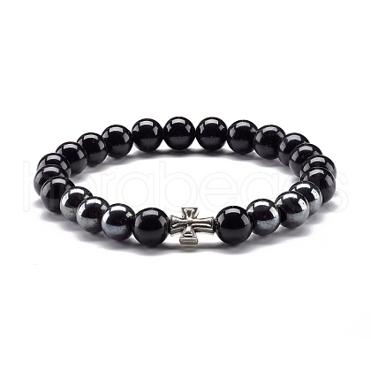 Natural Obsidian & Non-Magnetic Synthetic Hematite Round Beads Energy Stretch Bracelet for Men Women BJEW-JB06968-04-1