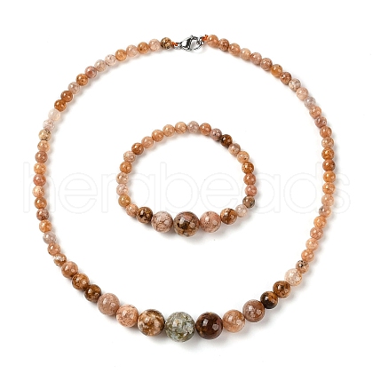 Natural Agate Round Beads Bracelets & Necklaces Sets SJEW-L132-22-1