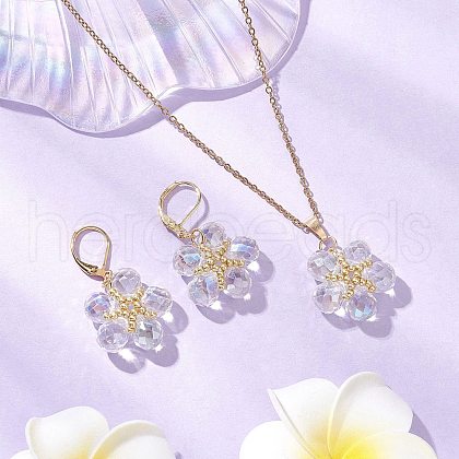Glass & Glass Seed Beads Flower Pendant Necklaces & Hoop Earrings Sets SJEW-MZ00011-1
