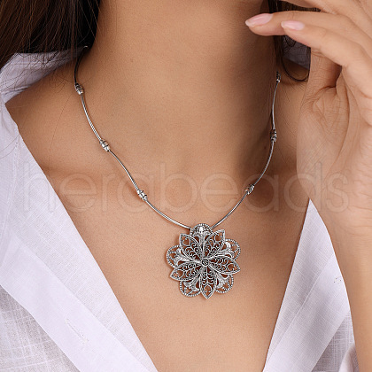 Tibetan Style Engraved Flower Alloy Pendant Necklaces for Women FS-WGE3882-01-1