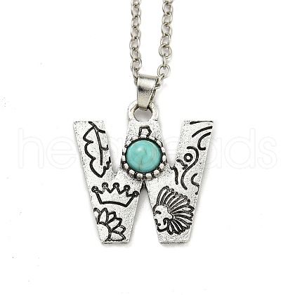 Letter A~Z Antique Silver Plated Alloy with Synthetic Turquoise Pendant Necklaces NJEW-G080-01W-1
