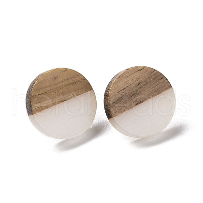 Resin & Walnut Wood Flat Round Stud Earrings with 304 Stainless Steel Pin for Women EJEW-N017-010A-02-1