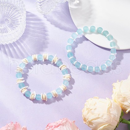 2Pcs 2 Styles Transparent Glass Round Beads & Natural White Shell Beads Stretch Bracelets for Men Women BJEW-JB11846-1