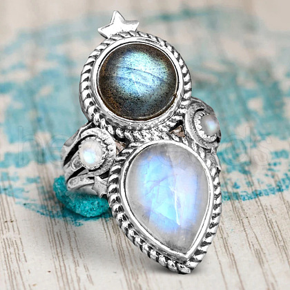 Teardrop & Oval Bohemian Style Zinc Alloy with Resin Imitation Moonstone/Rhinestone Finger Rings FS-WGFB6C4-01-1