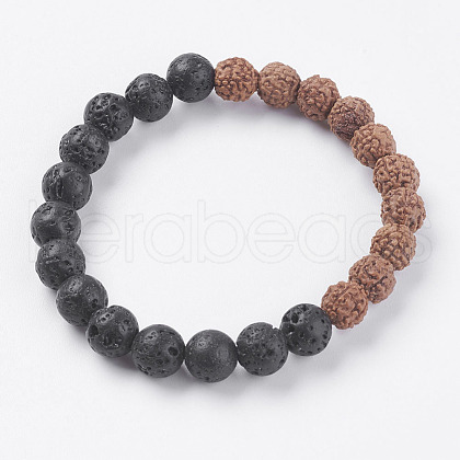 Natural Lava Rock and Rudraksha Beads Stretch Bracelets BJEW-E326-01-1