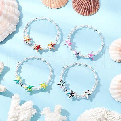 Starfish Synthetic Turquoise & Imitated Pearl Acrylic & Glass Twisted Bugle Beaded Bracelets for Women BJEW-JB11850-1